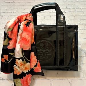 Tory Burch Black Patent Leather Logo Tote - EUC.